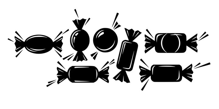 Set of Minimalist black wrapped hard candy sweet silhouette vector icon
