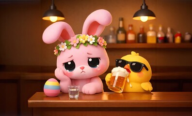 Obraz premium Sad Easter Bunny and Yellow Chick Having a Beer in a Bar