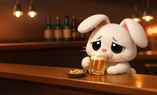 Sad Depressed Easter Bunny Having a Beer in a Bar