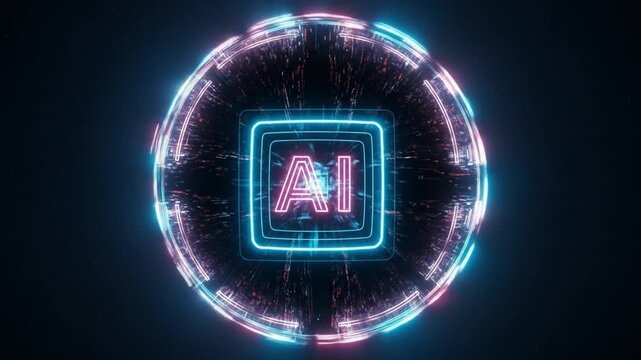 A neon-lit AI logo with pink and blue outlines, set within a glowing circle on a dark background. Perfect for technology, innovation, and futuristic designs.