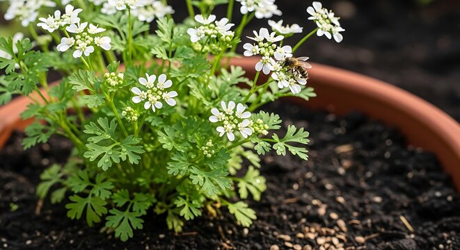 Close-up of Sweet Annie Plant in a Pot with White Flowers.