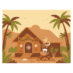 Flat illustration of a tropical hut with a chef cooking outside