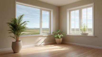 Bright and Airy Modern Living Room with Large Windows Overlooking Scenic Landscape and Green Plants in Minimalist Decor