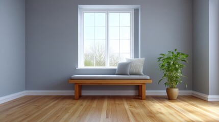 Fototapeta premium Modern interior design featuring a serene window seat with decorative cushions and a potted plant in a bright, minimalist room with natural light