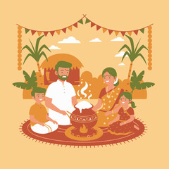 Family cooking together outdoors under festive decorations in flat illustration style