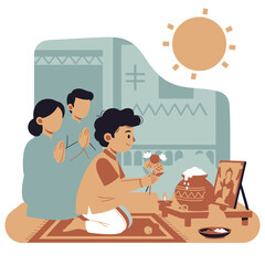 Family praying together in traditional attire at home with sacred objects nearby