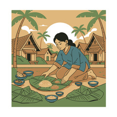 Woman preparing traditional meal outdoors in tropical village setting