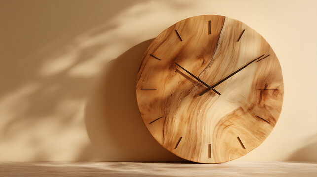 A wooden clock with black hands and hour markers on a beige wall with a leaf shadow pattern near it