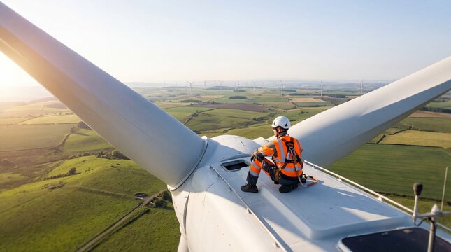 Wind Turbine Technician Maintain at Height, Renewables Energy Future, Aerial View of Rural Landscape