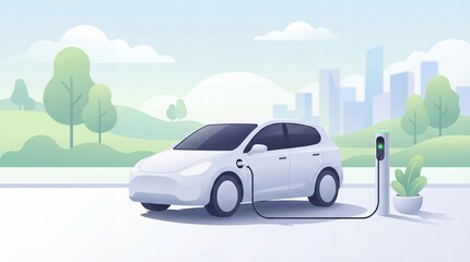 Naklejka premium Electric Vehicle Recharge: Sustainable Urban Mobility for a Greener Future Driving Clean Energy
