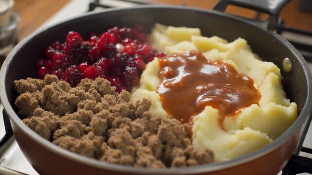 Hearty and delicious one-pan meal featuring creamy mashed potatoes, savory crumbled meat, and vibrant cranberry sauce, perfect for a cozy dinner