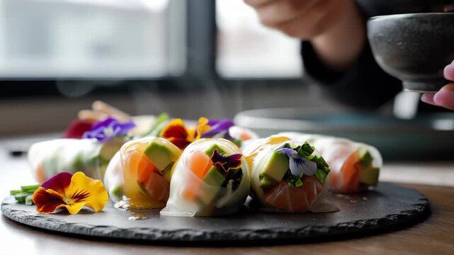 Chef Adding Sauce to Gourmet Spring Rolls With Edible Flowers on Slate Board