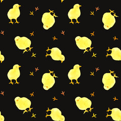 かわいいひよこ＆足跡のシームレスパターン　鳥の手描き水彩イラスト背景素材 © 一色いっさ