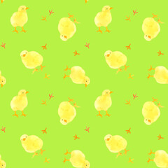 かわいいひよこ＆足跡のシームレスパターン　鳥の手描き水彩イラスト背景素材 © 一色いっさ