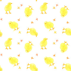かわいいひよこ＆足跡のシームレスパターン　鳥の手描き水彩イラスト背景素材 © 一色いっさ