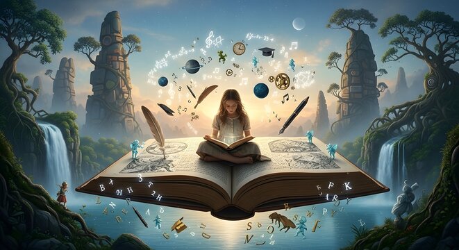 Girl Reading Book in Fantasy World