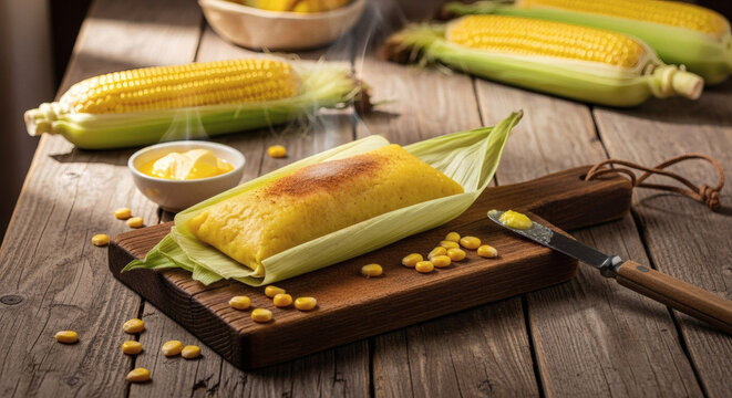 Brazilian pamonha sweet corn dessert, rustic table, natural light, copy space