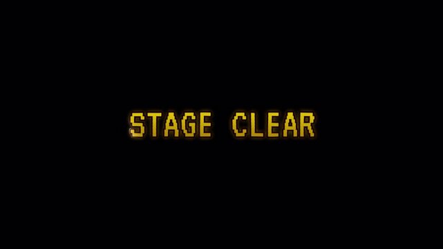 Stage clear retro gaming pixel art arcade game level complete victory screen ideal for game overlays, vintage-themed projects, and achievement animations.