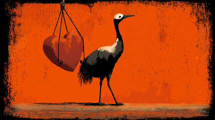 Obraz premium A crane stands before an orange backdrop, a heart suspended above it. The scene has a rustic, textured look
