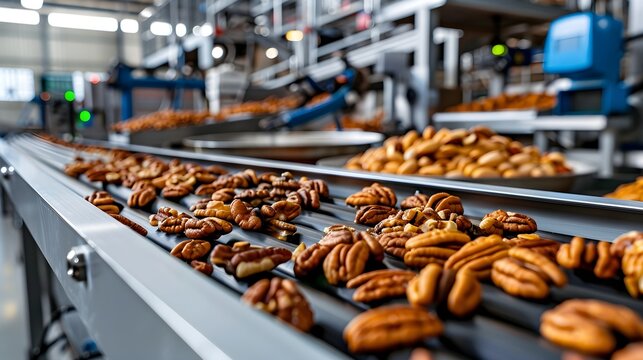 Walnuts on conveyor belt in food processing factory, industrial production