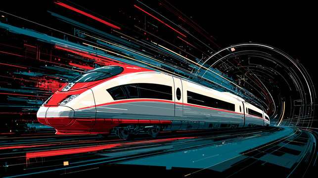 Modern high-speed train speeding through tunnel with abstract, dynamic streaks in a vibrant artwork