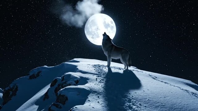 Wolf Howling at Full Moon in Snowy Landscape.