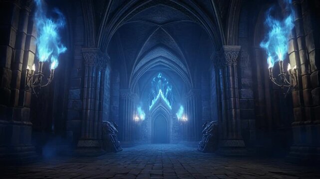 Eerie gothic castle corridor bathed in the mystical glow of supernatural blue flames, leading to an unknown magical realm, evoking an atmosphere of ancient mystery and dark fantasy