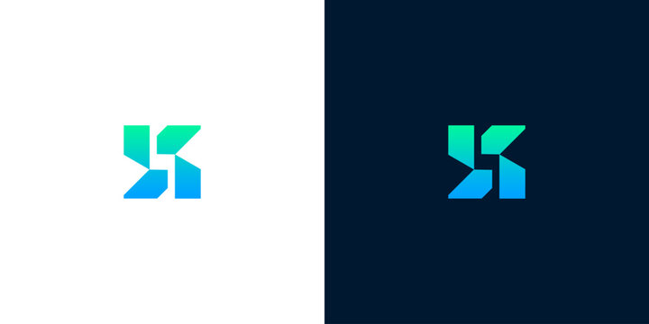 Dynamic abstract geometric logo concept showcasing a stylized letter S or K shape, rendered in a vibrant blue-green gradient, ideal for technology, startup, or modern business branding