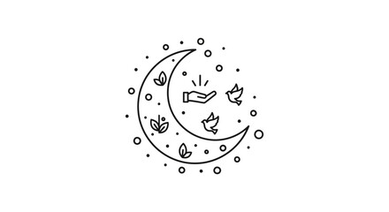 Crescent Moon with Leaves and Hand.