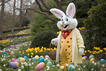 Easter Bunny in a Spring Garden with Colorful Eggs