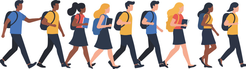 Diverse Students Walking Backpacks Books Flat Pixel Art Style