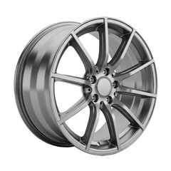 Obraz premium Polished Silver Alloy Wheel with Intricate Spoke Design on Gray Background