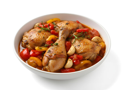 H&auml;hnchen-Cacciatore mit Paprika und Tomaten auf wei&szlig;em Hintergrund