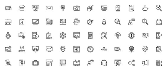 Digital marketing icon set. Vector line icons pack for analytics, email, strategy, social media, startup, and more. Editable stroke illustrations.