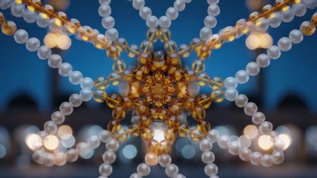 Elegant pearl and amber bead ornament with blurred bokeh background