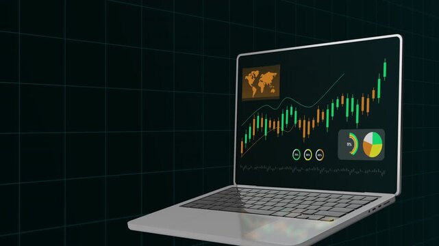 Perspective view of a laptop screen showing rising green and orange candlestick patterns with background world map analytics.