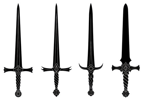 Four medieval longswords and broadswords as black vector silhouettes with ornate hilts against a transparent background. Concept of heraldry and fantasy power