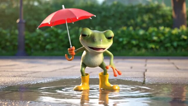 Cute green frog in yellow rain boots tap dancing in rain puddle 3D animation loop