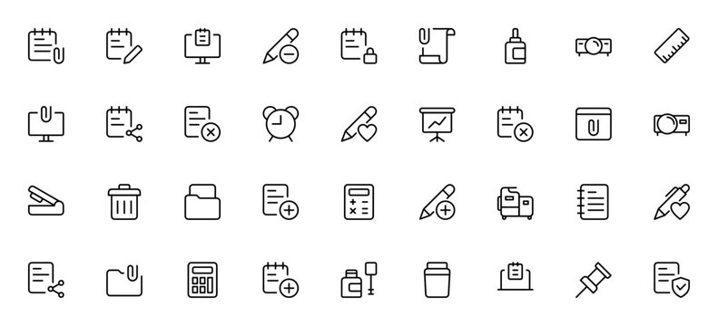 Work office supply icon set. Minimal vector icons pack. Includes attachment, computer, locked, trash can, file, add, share, calculator, stapler and more. Editable stroke.