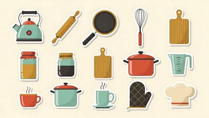 Colorful Flat Design Kitchen Utensils and Cooking Tools Sticker Collection on Beige Background