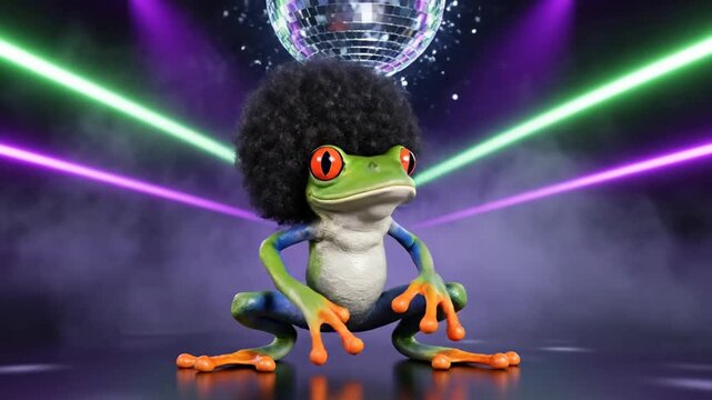 Funky 3D red-eyed tree frog with afro wig dancing under disco ball in night club animation