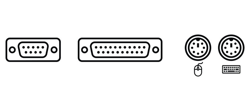 Computer ports connectors ps2 and dsub connectors set peripherals equipment outline line art vector.