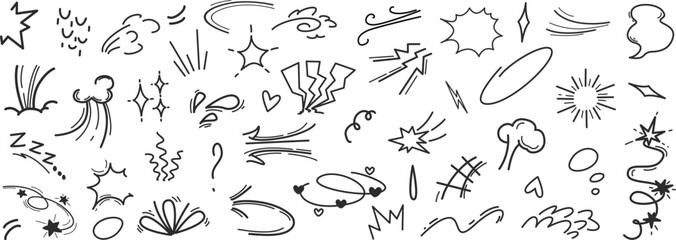 Hand Drawn Doodle Line Elements with Arrows, Underlines, Highlights, Speech Bubbles and Sparkles Stock Illustration