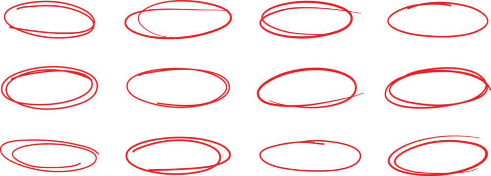 "Hand-drawn red oval highlight frames set &ndash; sketch marker circles and doodle ellipse outline collection stock illustration"