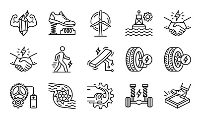 Energy harvesting and renewable power icons featuring wind turbine water wheel and kinetic movement. © GoDesigner
