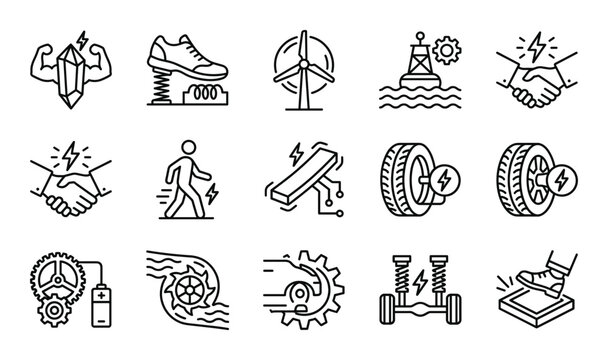 Energy harvesting and renewable power icons featuring wind turbine water wheel and kinetic movement.