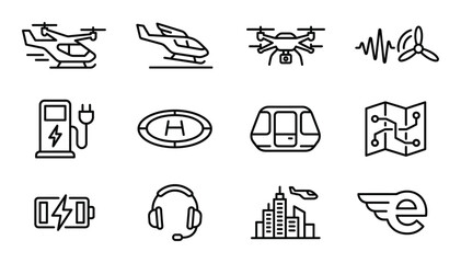 Future transport icon set with aircraft charging station map battery headphones and smart city line. © GoDesigner