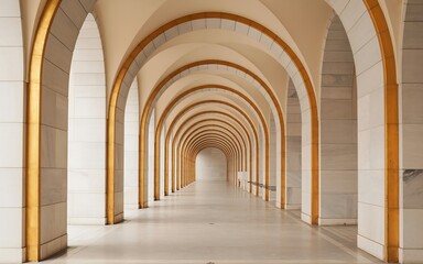 Fototapeta premium Long, arched corridor with marble walls and golden accents, creating a sense of depth, symmetry, and classical architecture.