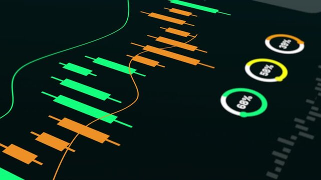Perspective view of a dark interface showing a trail of orange and green candlestick patterns for market forecasting.