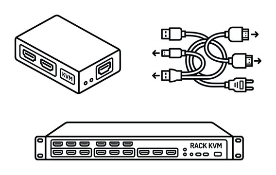 Kvm switch and rack mountable kvm controller icons with multiple port cables for server management.